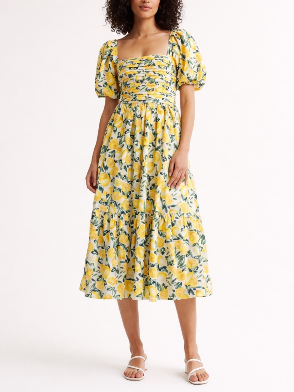 Abercrombie & Fitch Lemon Print Smocked Cottagecore Midi Dress XS Garden Spring